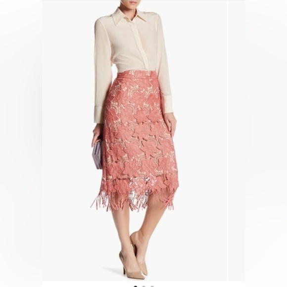 Alice + Olivia Strand Floral Lace Fringe Midi Skirt Pink Size 6 - Picture 2 of 8